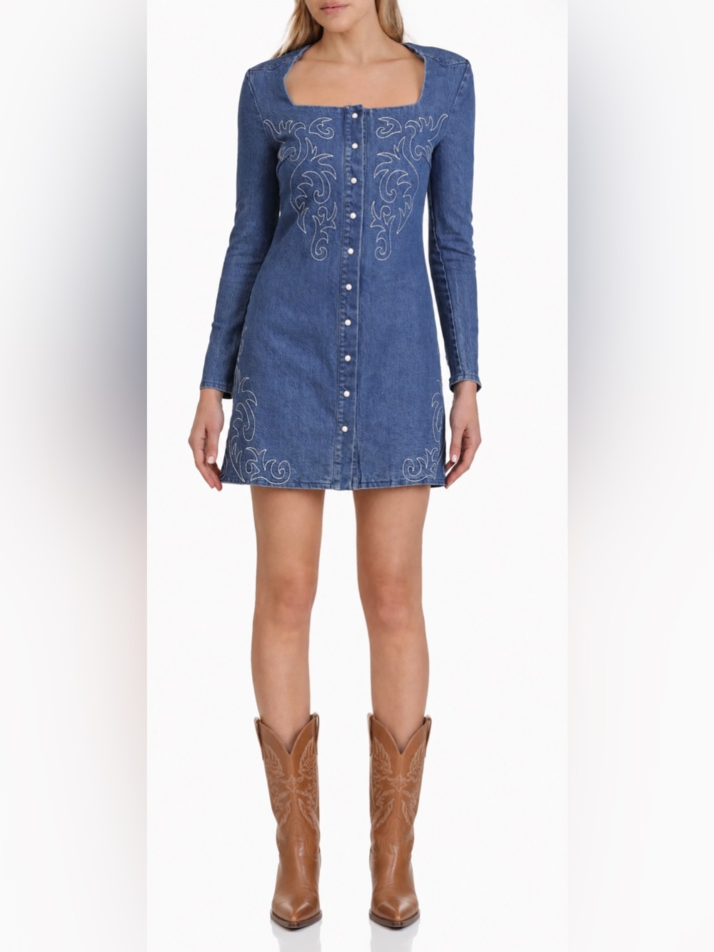 Avec Les Filles Western Embroidered Denim Mini Dress Provence Wash 12 NWT